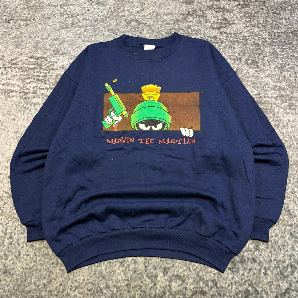 VTG Looney Tunes Marvin The Martian Crewneck Sweatshirt Mens Large Blue 1997